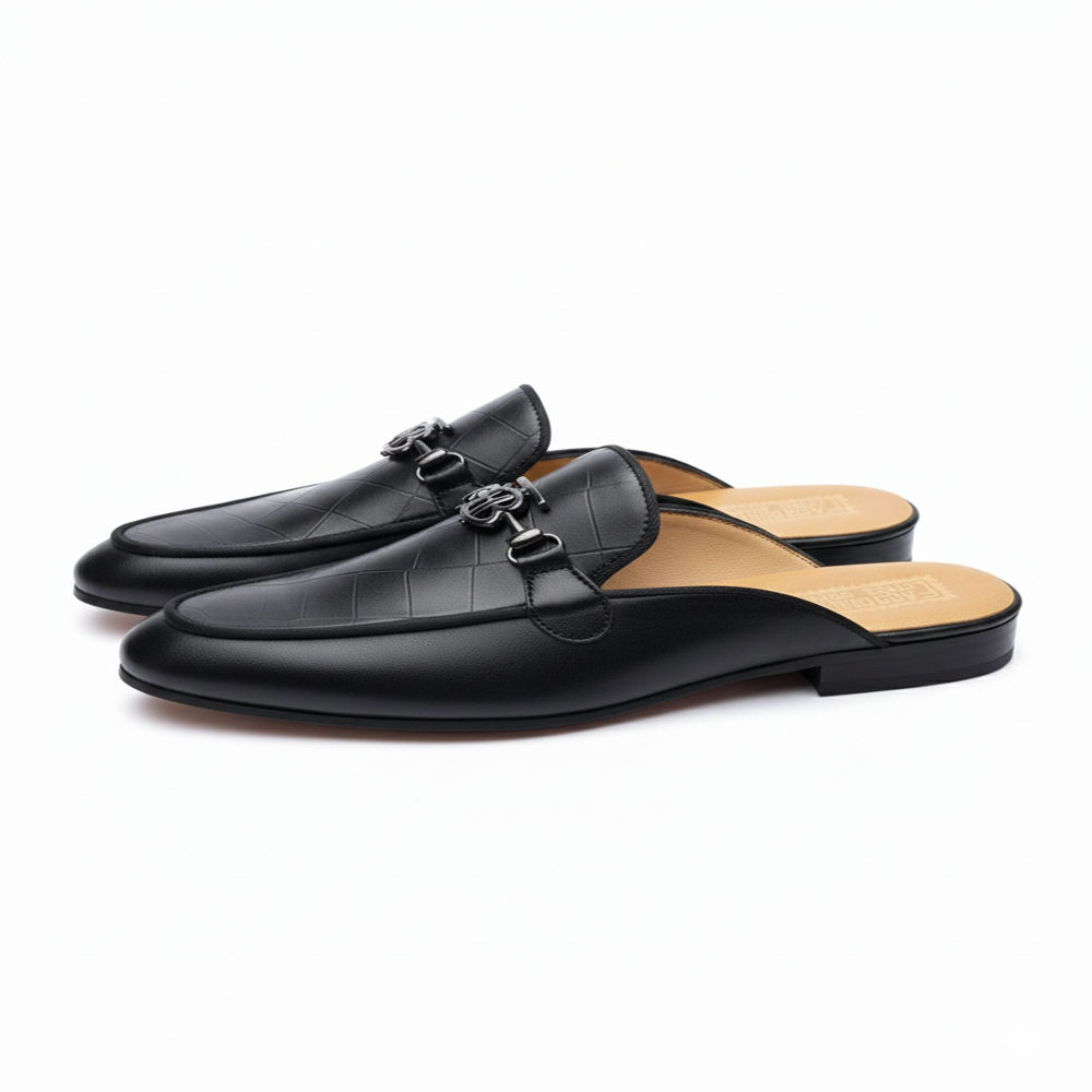 Black Leather Slip On Loafer with Metallic Buckle